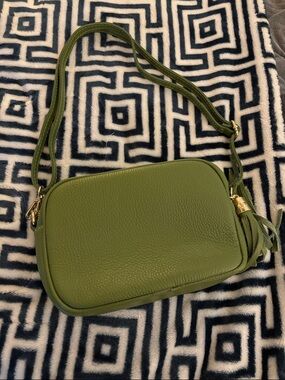 Olive Green Pebbled Leather Crossbody Camera Bag with Tassel